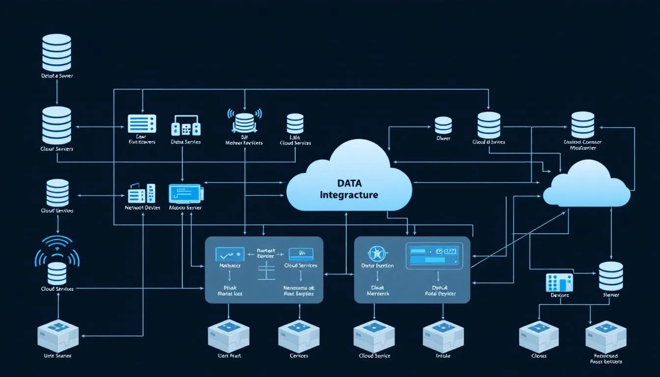 Een technisch infrastructuurdiagram toont verschillende geïntegreerde systemen die samen een naadloze klantervaring creëren binnen omnichannel retail. Het diagram illustreert hoe digitale kanalen, fysieke winkels en sociale media samenwerken om de customer journey te optimaliseren en een consistente ervaring te bieden aan consumenten.