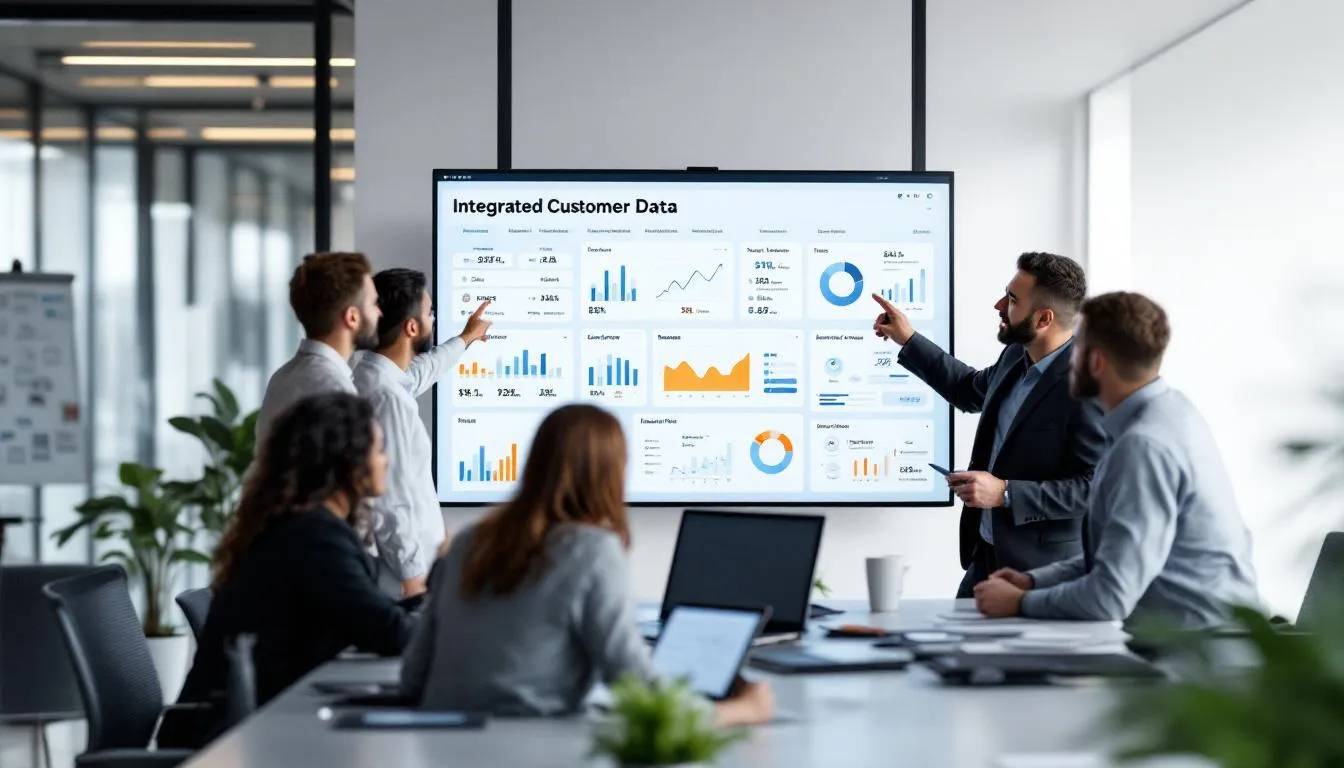 In de afbeelding zien we een team dat een vergadering houdt, terwijl ze een dashboard bekijken met geïntegreerde klantdata. Dit dashboard toont verschillende kanalen en klantinteracties, wat essentieel is voor het ontwikkelen van een naadloze klantervaring in de omnichannel retail.