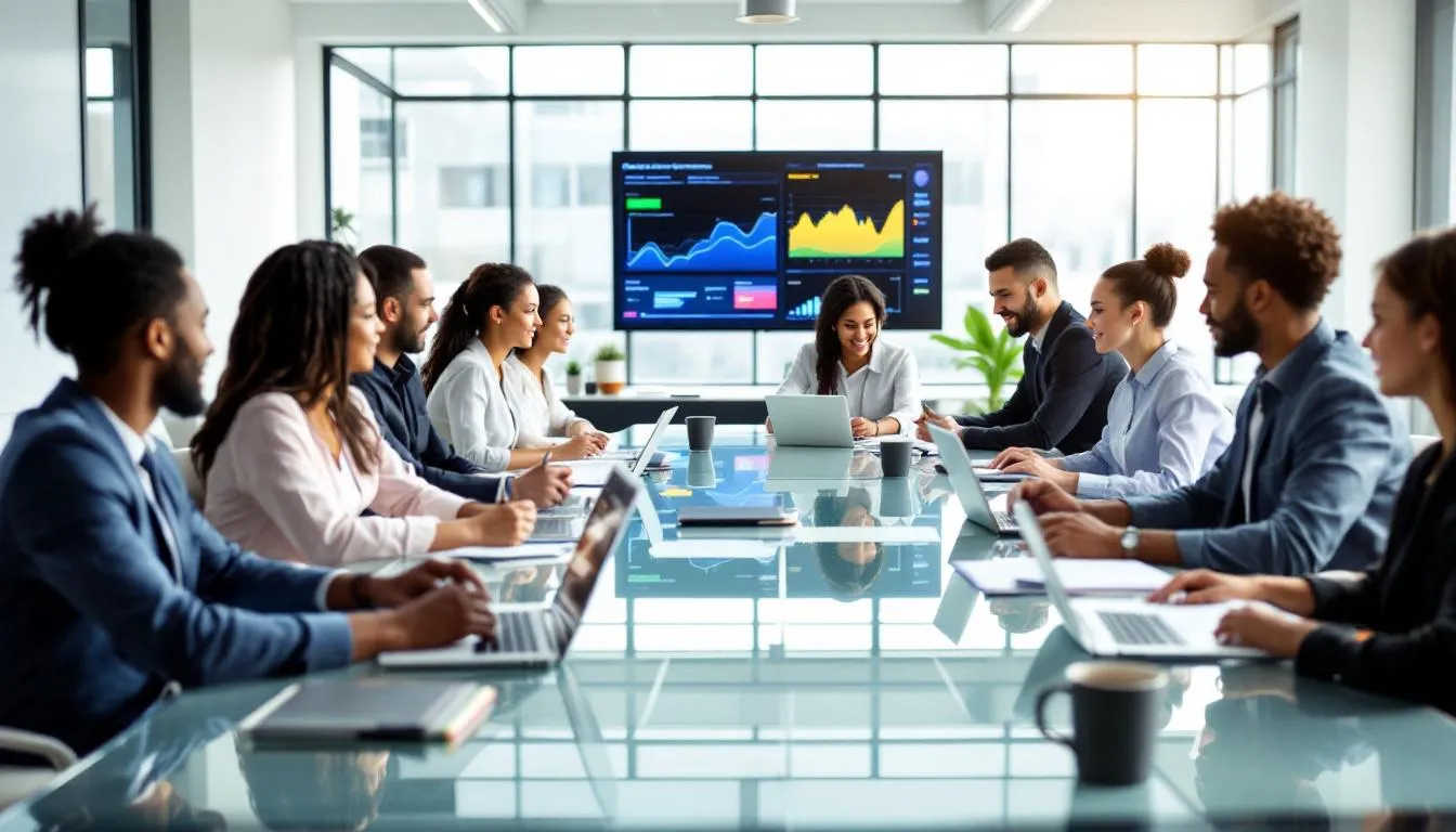 In een moderne, lichte kantooromgeving werkt een diverse groep professionals samen, wat een inclusieve werkomgeving benadrukt. Deze setting weerspiegelt een sterke employee value proposition, waar toekomstige medewerkers zich betrokken voelen en mogelijkheden voor persoonlijke ontwikkeling en een goede werk privébalans worden geboden.