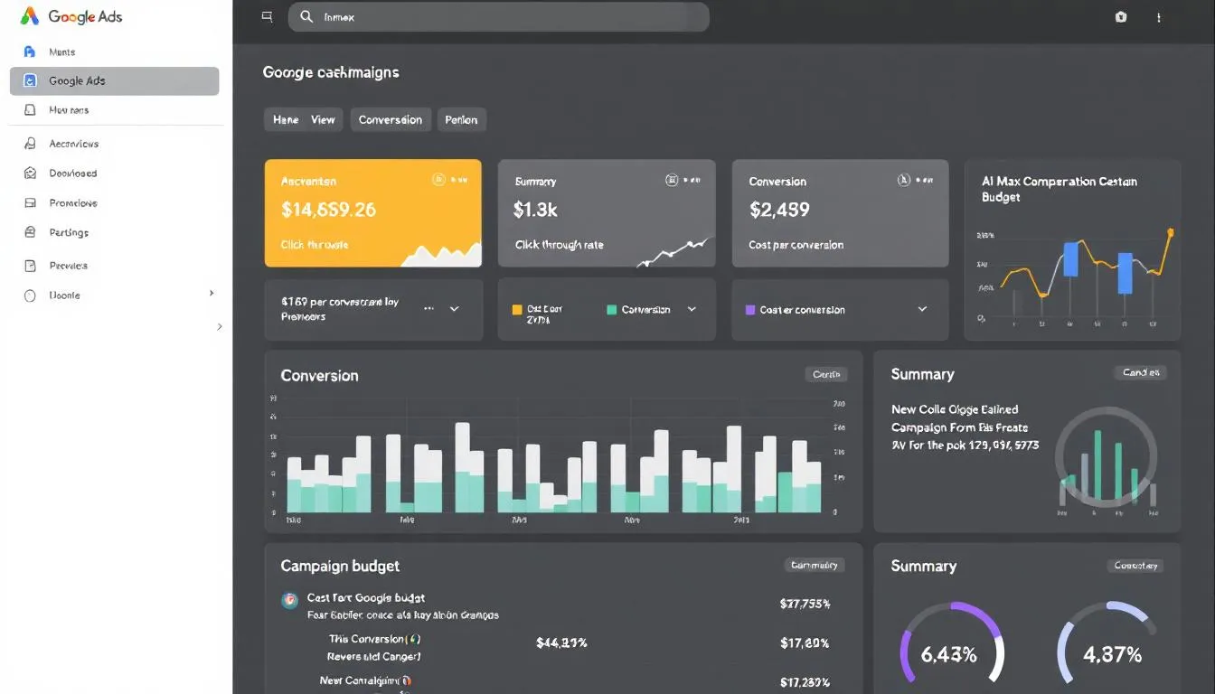 In the image, a Google Ads dashboard displays performance metrics for an AI Max campaign, highlighting key data such as nieuwe zoekopdrachten, conversies, and prestaties. The interface showcases various zoekwoorden and advertenties, providing adverteerders with insights to optimaliseren their campagnes in real-time.