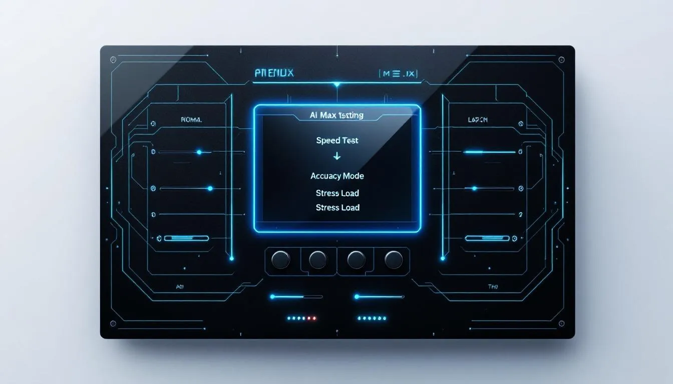 In the image, an experimental setup interface displays various testing options for AI Max, showcasing features like campaign performance metrics, targeting strategies, and real-time search term optimization. The layout includes buttons for selecting specific brands and ad content, aimed at enhancing advertisers' ability to generate effective advertisements and improve conversion rates.