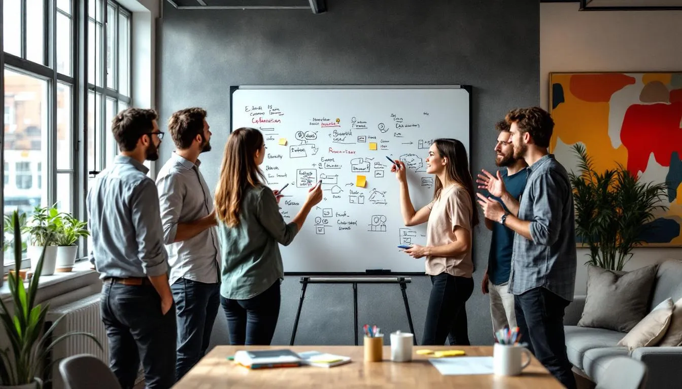 Een team van medewerkers brainstormt enthousiast rond een whiteboard in een creatieve werkruimte, waarbij ze ideeën uitwisselen over de organisatie en de sterke employee value proposition. Deze inclusieve werkomgeving stimuleert persoonlijke ontwikkeling en betrokkenheid, wat essentieel is voor het aantrekken van nieuw talent en het versterken van het werkgeversmerk.