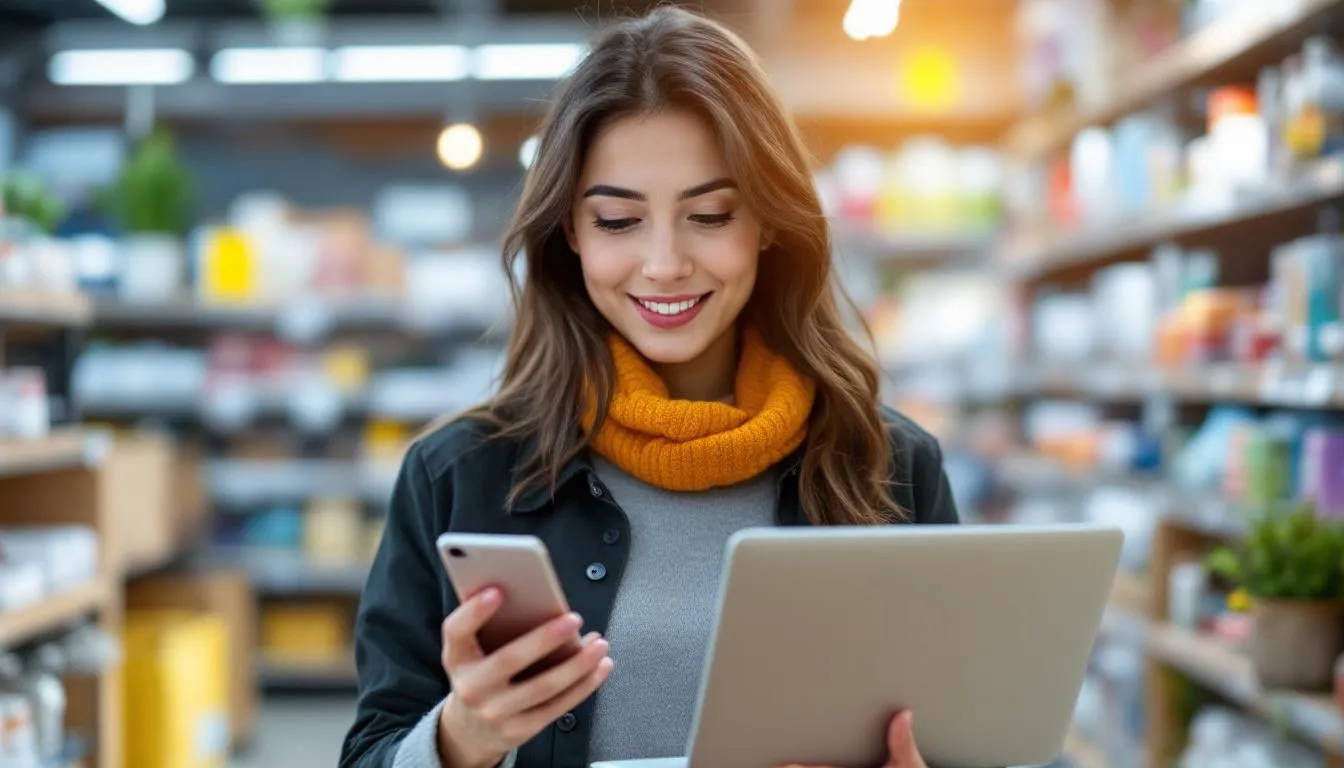 Een klant die naadloos overschakelt tussen een smartphone, laptop en een fysieke winkel, waardoor een consistente en naadloze klantervaring ontstaat over verschillende kanalen. Deze interacties illustreren de essentie van omnichannel retail, waarbij de klant de beste beleving krijgt door het integreren van digitale en fysieke touchpoints.