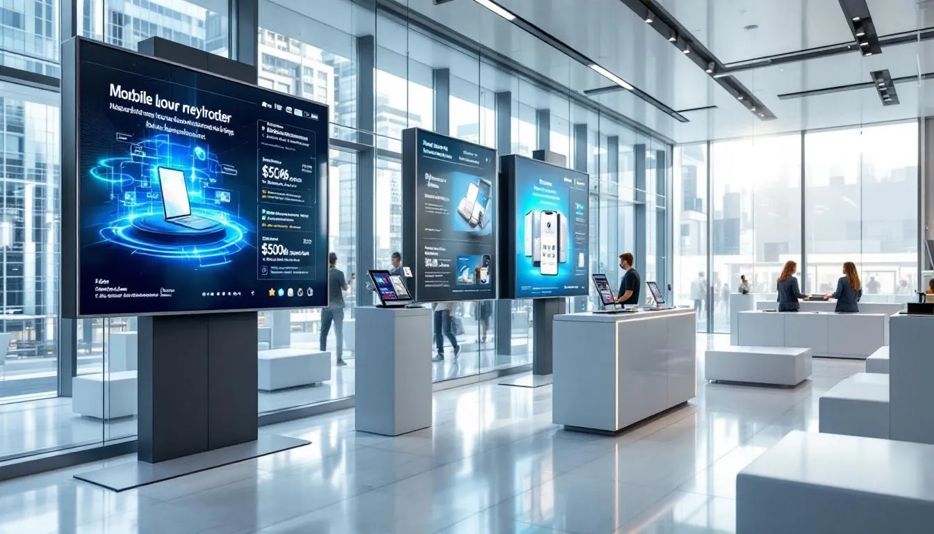 In de moderne retail winkel zijn digitale schermen zichtbaar die geïntegreerd zijn met mobiele apps, wat een naadloze klantervaring biedt. Deze omnichannel aanpak maakt gebruik van verschillende kanalen om consumenten een consistente ervaring te bieden tijdens hun klantreis.