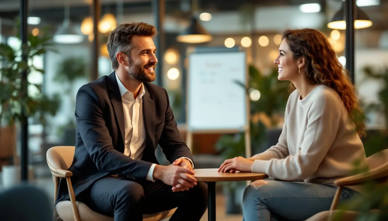 In de afbeelding zien we een manager die in een informele setting een one-on-one gesprek voert met een medewerker, waarbij ze praten over persoonlijke ontwikkeling en de goede werk privébalans binnen de organisatie. Dit gesprek benadrukt de sterke employee value proposition en de betrokkenheid van het huidige personeel bij de bedrijfscultuur.