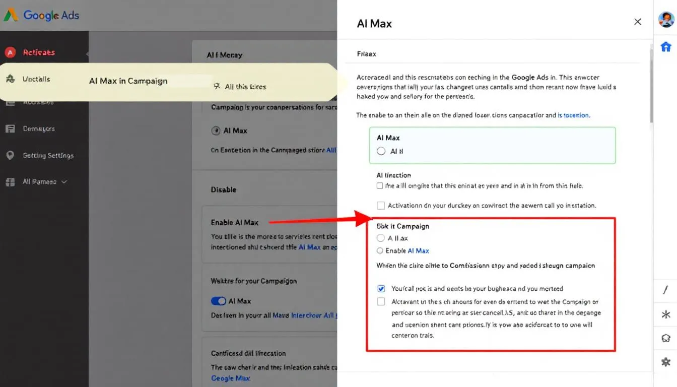 In the screenshot of the Google Ads interface, users can see the AI Max activation options, which allow adverteerders to optimaliseren their campagnes by genereren nieuwe zoekopdrachten and verbeteren de prestaties van advertenties. The interface displays various features for targeting specifieke merken and managing zoektermen in real-time.