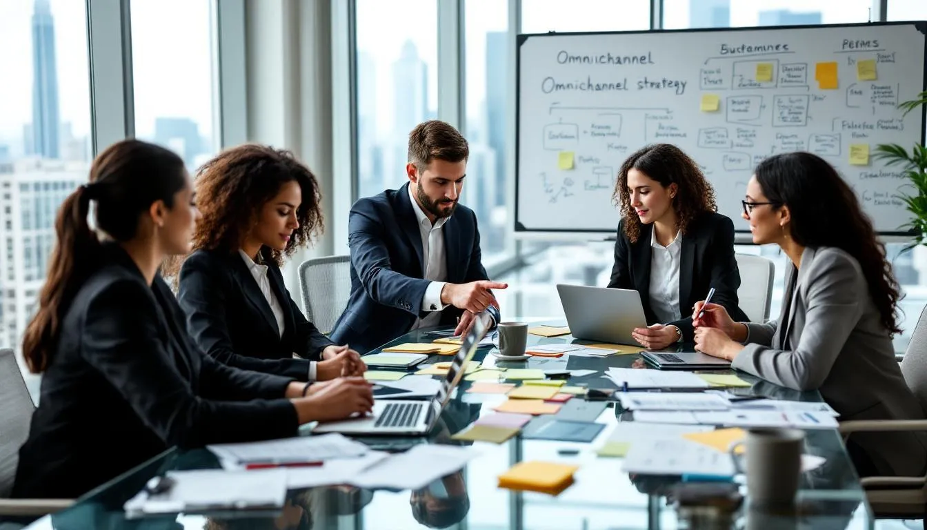 Een team van professionals werkt samen aan een omnichannel strategie, waarbij ze verschillende kanalen bespreken om een naadloze klantervaring te creëren. Ze analyseren de klantreis en de interacties via digitale en fysieke winkels om de beste klantbeleving te optimaliseren.