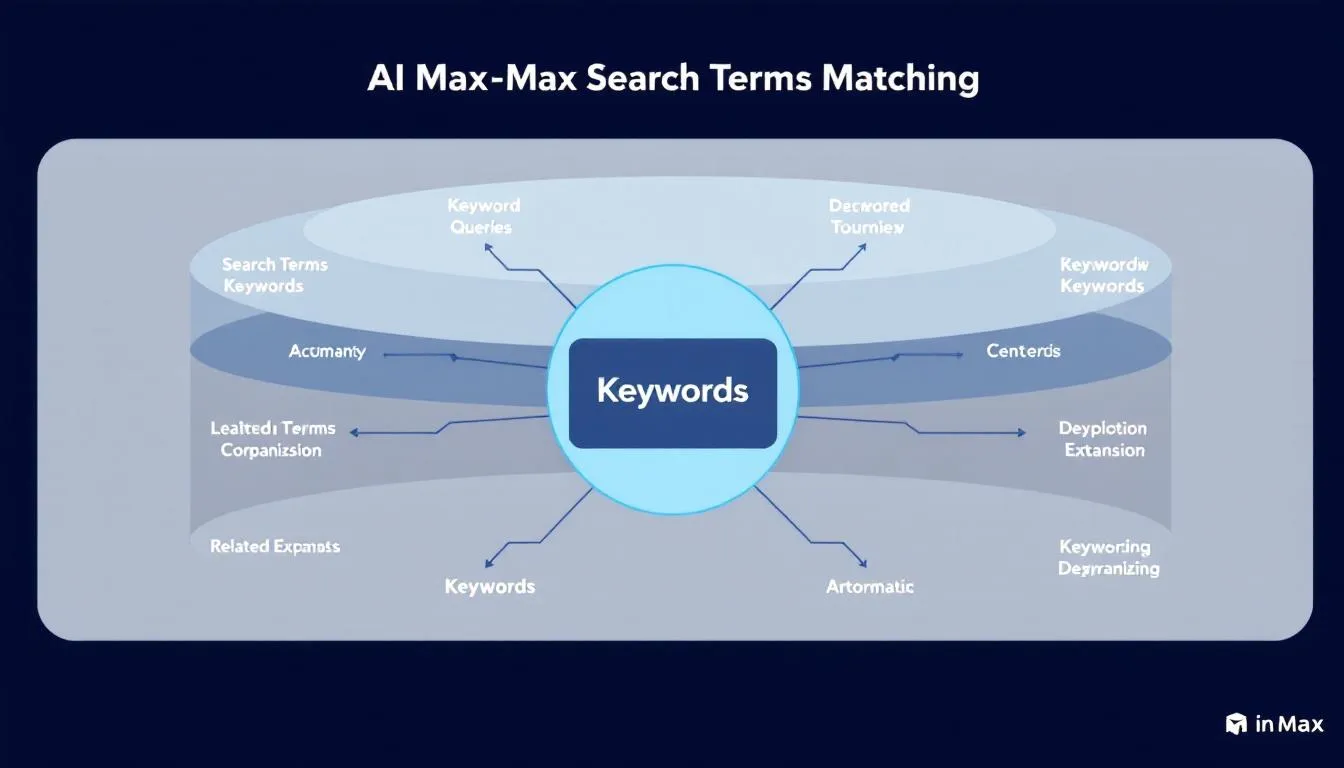 In this diagram, the concept of AI Max search term matching is illustrated, showing a central core of keywords that expands outward to include related queries. It highlights the process of optimizing search terms and targeting specific brands to improve campaign performance and increase conversions in real-time.