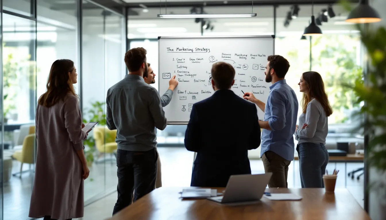 In a team meeting, several professionals are gathered around a table discussing their digital marketing strategy, with a whiteboard filled with notes and diagrams on key performance indicators, content marketing, and social media channels. The atmosphere is collaborative as they brainstorm ways to enhance their online presence and optimize their marketing activities to reach their target audience effectively.